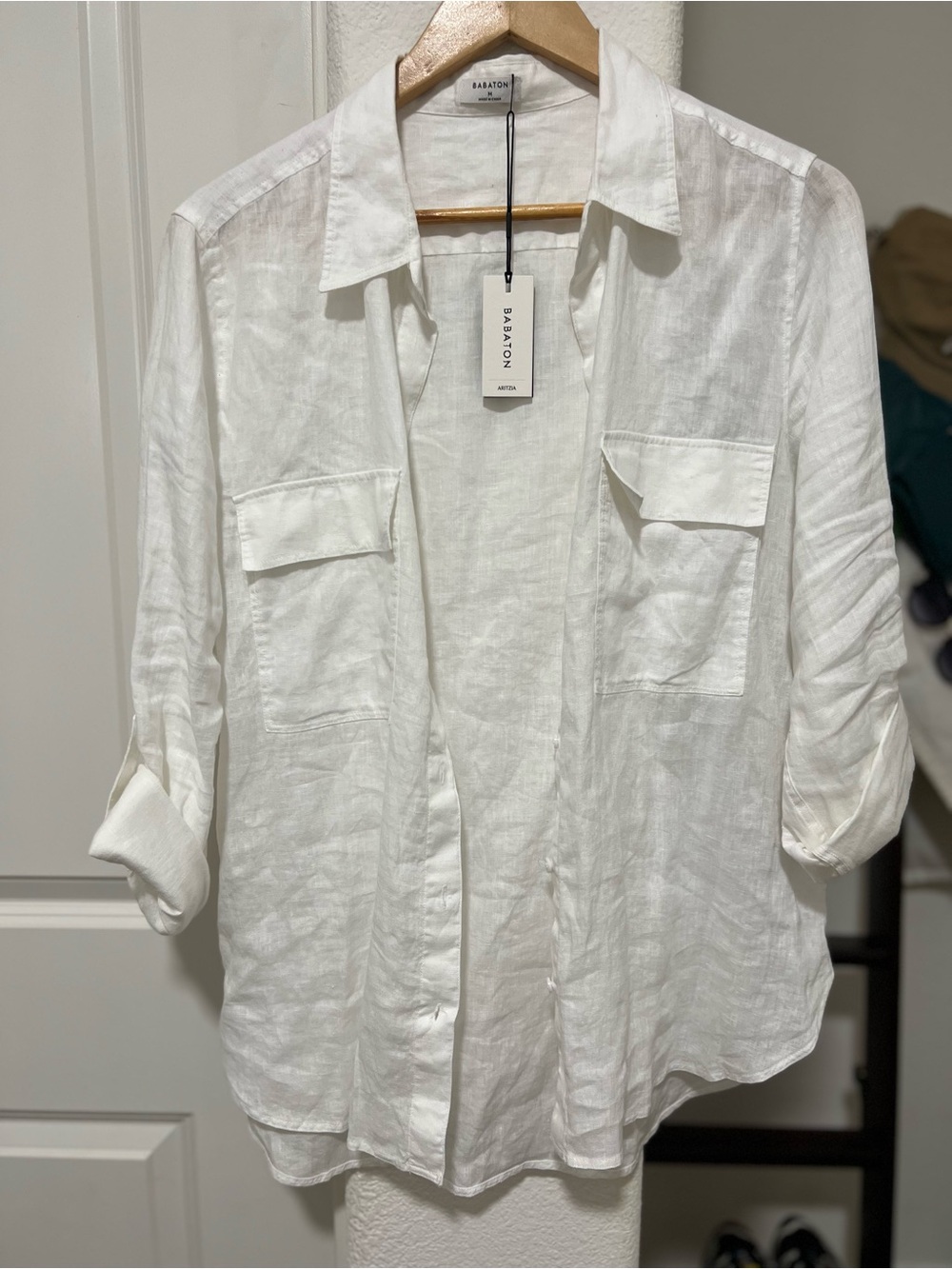 ARITZIA BABATON 100% Linen Utility Button Down White Shirt